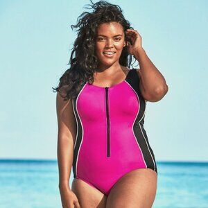 ZIP-FRONT ONE-PIECE WITH TUMMY CONTROL